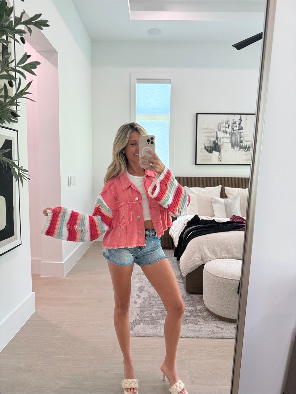 POL Pink Denim Jacket with Multicolor Striped Knit Sleeves